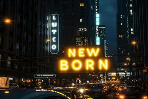 AI generated a word new born on billboard in the city .war concept Generative AI photo