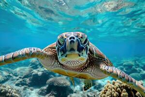 AI generated Sea turtle swims under water. Generative AI. photo