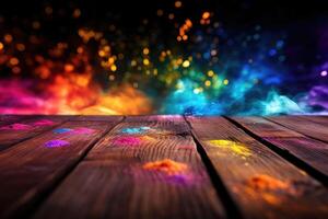 AI generated Colorful Holi powders on a top table with bokeh lights for mockup , AI generative photo