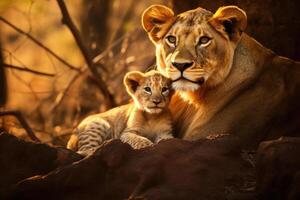 AI generated Mother love between lovely a lion and a cub created. generative ai photo