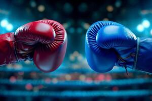 ai generado un par de rojo y un azul boxeo guantes. antecedentes foto