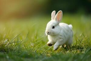 ai generado un Conejo corriendo en un campo de verde césped. generativo ai foto