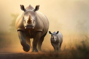 ai generado madre y bebé rinoceronte en el sabana a puesta de sol. increíble africano fauna silvestre. generativo ai foto