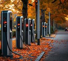 AI generated EV fast electric vehicle chargers station in park city, Generative AI photo