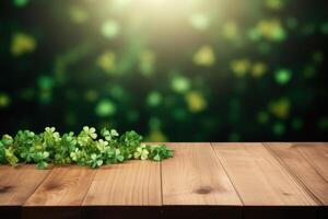 AI generated St. Patrick's Day concept. wooden table in front of shamrock leaf background . Generative Ai. photo