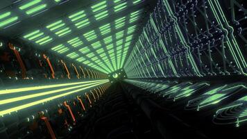 Flying inside sci fi tunnel with glowing lights. Motion. Technological corridor, alien technologies. photo