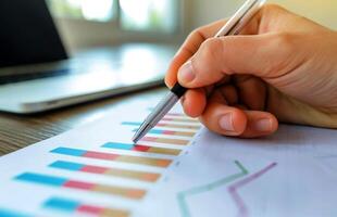 AI generated close up hand Businessman review report. Graphs and charts. Business reports concept Ai generated photo
