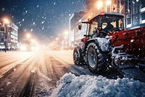 AI generated Tractor with Snow Plow Attachment Clearing Snow on Winter . Generative AI photo