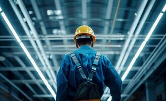 AI generated Electrician man worker installing lamp in a office room . Generative AI photo