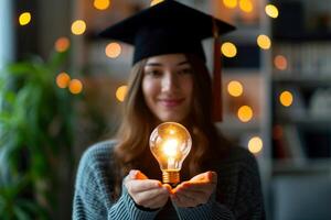 ai generado un mujer con graduación, ligero bulbo símbolo de inteligencia, generativo ai foto