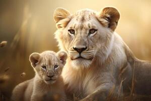 AI generated Mother love between lovely a lion and a cub created. generative ai photo