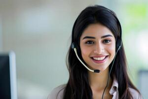 AI generated Indian Female customer support Agent phone operator in headset . AI Generated photo