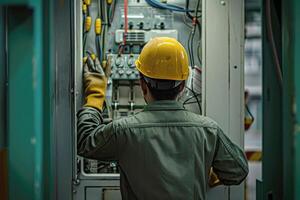 AI generated electrical engineer checks the voltage of the electrical at the terminal in the main distribution board . AI generative photo