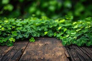 AI generated St. Patrick's Day concept. wooden table in front of shamrock leaf background . Generative Ai. photo