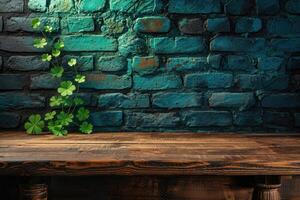 AI generated St. Patrick's Day concept. wooden table in front of shamrock leaf background . Generative Ai. photo