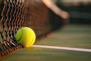 ai generado tenis pelota en el línea Corte cerca red . generativo ai foto