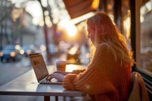 ai generado un blogger mecanografía en su ordenador portátil en café espacio cafetería. ai generativo foto