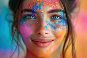 AI generated Holi festival, portrait of a young woman in colorful powder explosion. Generative AI. photo