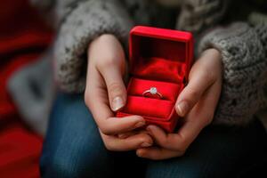 AI generated diamond ring in red box in woman hand on . ai generative photo