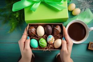 AI generated woman hold chocolate elegant Easter eggs, in a box. AI generative photo