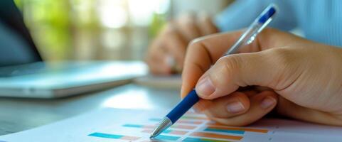 AI generated close up hand Businessman review report. Graphs and charts. Business reports concept Ai generated photo