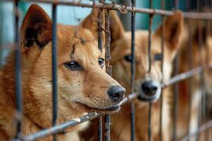 AI generated close up Sad large dogs caught in cage. Generative AI photo