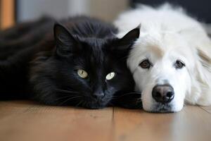 AI generated white dog and black cat looking at the camera lying together on the floor.AI generative photo