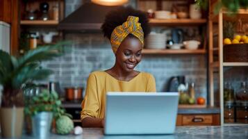 AI generated a woman using a tablet computer to cook in her kitchen Generative AI photo