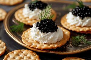 AI generated crackers with cream cheese and black caviar, Generative AI. photo