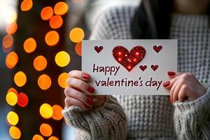 AI generated woman hold Happy valentines day greeting card. valentine day concept .generative ai photo