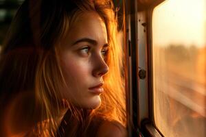 ai generado mujer en un tren mirando mediante el ventana generativo ai foto