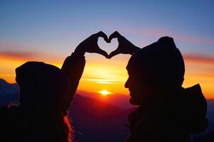 AI generated A couple of love makes a heart-shaped gesture, while the sunset. AI Background photo