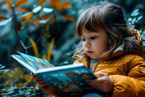 ai generado linda niños bebé leyendo libro . educación aprendizaje concepto. ai generativo foto