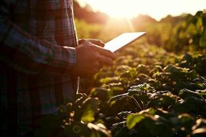 AI generated a farmer standing in field with table. Generative AI. photo