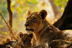 AI generated Mother love between lovely a lion and a cub created. generative ai photo