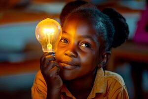 AI generated African Child holding a light bulb in the classroom, concept of ideas and creativity. Generative AI photo