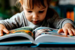 ai generado linda niños bebé leyendo libro . educación aprendizaje concepto. ai generativo foto