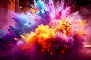 AI generated Holi festival, Colorful magic explosion on dark background. Generative ai photo