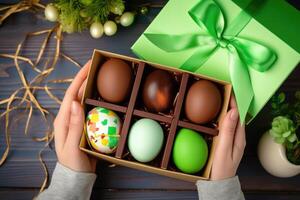 AI generated woman hold chocolate elegant Easter eggs, in a box. AI generative photo