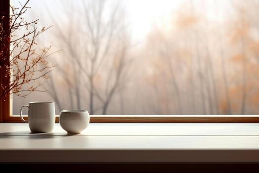 AI generated Empty White wooden table the background of a window for product Mockup. Generative AI photo