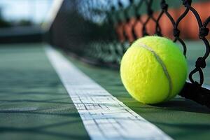 AI generated tennis ball on the line court near net . generative ai photo