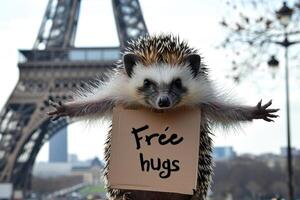 AI generated a hedgehog with Free hugs banner amused , generative ai photo