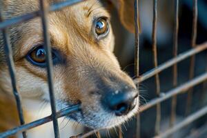 AI generated close up Sad large dogs caught in cage. Generative AI photo