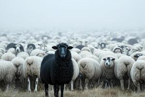 AI generated A flock of white sheep with black in the middle. generative ai photo