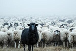 AI generated A flock of white sheep with black in the middle. generative ai photo