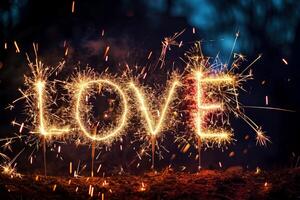 AI generated LOVE , written with a sparkler on a black background. AI generated. photo