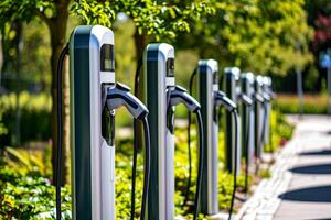 AI generated EV fast electric vehicle chargers station in park city, Generative AI photo