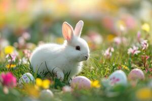 ai generado contento conejito con Pascua de Resurrección huevos en césped festivo generativo ai foto