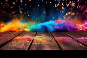 AI generated Colorful Holi powders on a top table with bokeh lights for mockup , AI generative photo