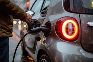 AI generated a man stands with his car at a charging station and operates it with his cell phone, generative AI photo